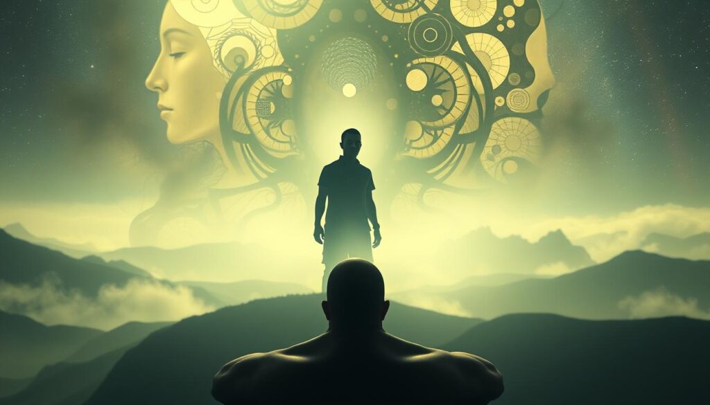 A serene, ethereal dreamscape illuminated by a soft, diffused light. In the foreground, a human figure appears to be meditating, their face calm and introspective. Surrounding them, abstract shapes and patterns swirl and flow, representing the subconscious mind and the interconnectedness of thoughts. In the middle ground, a shadowy figure emerges, hinting at the presence of a darker, more primal aspect of the psyche. The background is a vast, otherworldly landscape, with mist-shrouded mountains and a starry sky, conveying a sense of the vastness and mystery of the human mind. The overall atmosphere is one of contemplation, exploration, and the delicate balance between the conscious and unconscious realms.