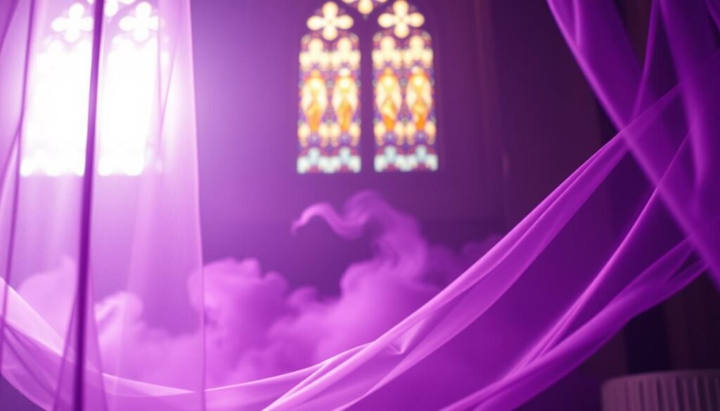 A serene, ethereal dreamscape illuminated by the mystical glow of biblical purple. In the foreground, a translucent, amethyst-hued veil cascades, symbolizing the divine connection between the spiritual and physical realms. Wisps of violet mist drift through the middle ground, hinting at the enigmatic messages that lie beyond the veil. In the background, a glimmering, cathedral-like structure rises, its stained-glass windows casting a regal, spiritual radiance. The lighting is soft and diffuse, creating an atmosphere of contemplation and reverence. The camera angle is slightly elevated, inviting the viewer to ponder the deeper significance of the color purple within the context of biblical dreams and visions.