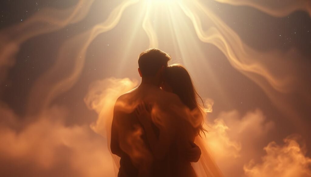 A serene, ethereal dreamscape with two figures entwined in a spiritual embrace, their auras intertwining in a haze of soft, iridescent light. The foreground features the couple, their features obscured in shadow, yet their connection palpable. The middle ground is suffused with a mist-like energy, creating an atmosphere of transcendental intimacy. In the background, a starry night sky with cascading ribbons of cosmic light, suggesting the boundless nature of their bond. Soft, warm lighting illuminates the scene, casting a gentle, dreamlike glow. Captured with a wide-angle lens, the composition emphasizes the expansive, boundless quality of their spiritual union.