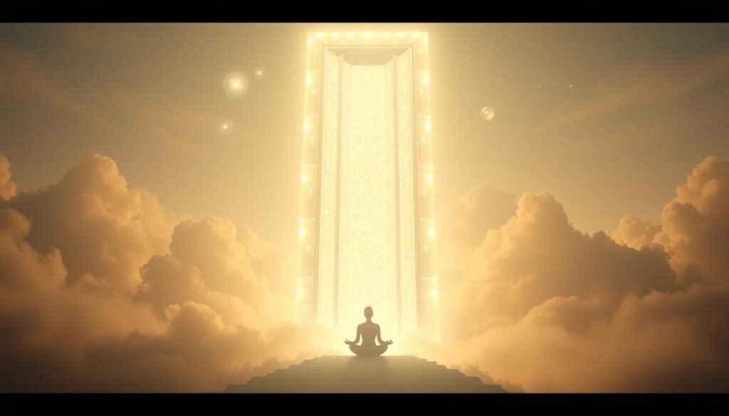 A serene, ethereal elevator rises through a dreamscape landscape. Soft, diffused light illuminates the scene, casting a warm, spiritual glow. The elevator, crafted from translucent, glowing panels, ascends through wispy clouds, hinting at a higher, more transcendent realm. Celestial orbs and glimmering motes of light dot the sky, guiding the way. In the foreground, the elevator's occupant sits in a meditative pose, their expression peaceful and contemplative, as if on a profound journey of self-discovery. The background is suffused with a sense of mystery and the unknown, inviting the viewer to ponder the deeper meanings of this ascent.