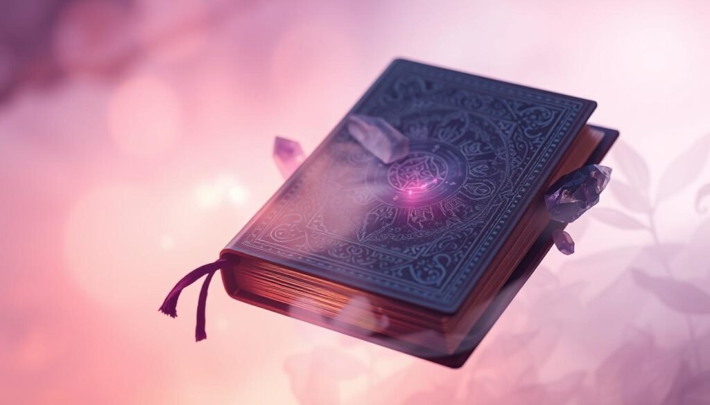 A serene, ethereal interpretation guide to the mysteries of purple dreams. A softly glowing, ornate book cover hovers in a hazy, lavender-tinted dreamscape. Delicate patterns and symbols adorn the leather-bound tome, radiating a sense of royal, spiritual wisdom. Amethyst crystals and wispy wisps of violet energy surround the book, creating an air of mystical, contemplative introspection. Warm, diffused lighting casts a contemplative glow, while the background fades into a tranquil, abstract realm of lavender hues and gentle gradients. This visually captivating image invites the viewer to explore the hidden meanings and revelations found within the pages of "Purple Dreams Interpretation Guide".