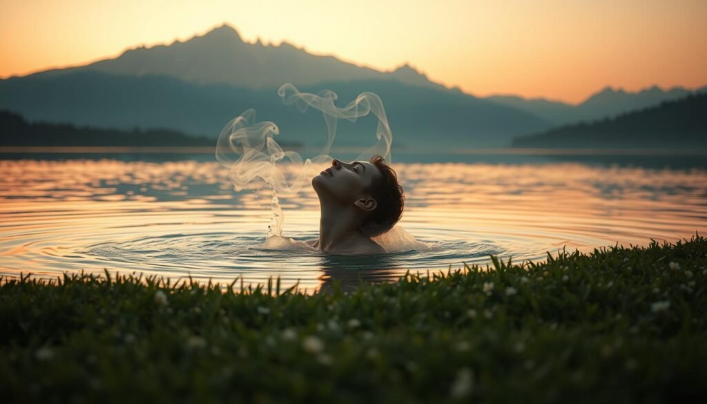 A serene, ethereal landscape at dusk, bathed in a warm, golden glow. In the foreground, a figure emerges from a shimmering pool, their face uplifted in a moment of profound emotional release. Tendrils of mist swirl around them, symbolizing the process of healing and the letting go of inner turmoil. The middle ground features a lush, verdant meadow dotted with delicate flowers, representing the blossoming of newfound peace and clarity. In the distance, a majestic mountain range stands tall, its peaks reflected in the still waters, conveying a sense of timelessness and the enduring power of the natural world to restore the spirit. The overall mood is one of tranquility, introspection, and the transformative power of the dream state.