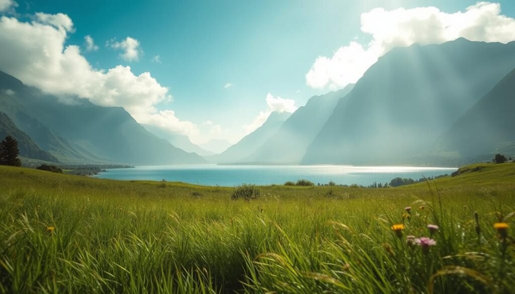 A serene, ethereal landscape where the boundaries between the physical and the spiritual dissolve. In the foreground, a lush, verdant meadow with swaying grasses and wildflowers in full bloom, bathed in soft, diffused sunlight. In the middle ground, a tranquil lake reflects the azure sky above, its surface rippling gently. Beyond, towering mountains rise, their peaks shrouded in wisps of mist, evoking a sense of mysticism and the power of nature. Overhead, a luminous, hazy atmosphere creates a dreamlike, otherworldly quality, blurring the lines between reality and the subconscious. This scene encapsulates the profound symbolism of nature in the realm of dreams, a portal to the depths of the human psyche.