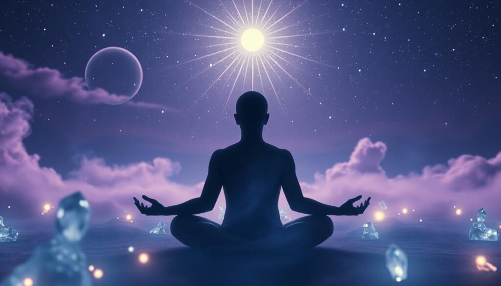 A serene, ethereal landscape with a central focal point of a person in deep meditation, surrounded by symbolic dream imagery. In the foreground, glowing crystals and floating orbs of light emanate a soft, mystical glow. The middleground features wispy, cloud-like forms in shades of purple and blue, hinting at the subconscious realm. In the background, a vast, starry night sky creates a sense of cosmic connection. The overall mood is one of introspection, spiritual transcendence, and the exploration of the inner self through the lens of dream symbolism.