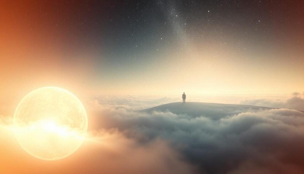 A serene, ethereal landscape with a dreamlike quality. In the foreground, a glowing sphere of light hovers, radiating a sense of divine protection and spiritual energy. Surrounding it, wisps of mist and clouds swirl gracefully, creating a peaceful and tranquil atmosphere. In the middle ground, a distant figure stands calmly, silhouetted against the luminous sky, symbolizing the connection between the spiritual and physical realms. The background is a vast, starry expanse, suggesting the expansiveness of the subconscious and the cosmic nature of the dream experience. Soft, warm lighting bathes the entire scene, evoking a sense of comfort and inner guidance.