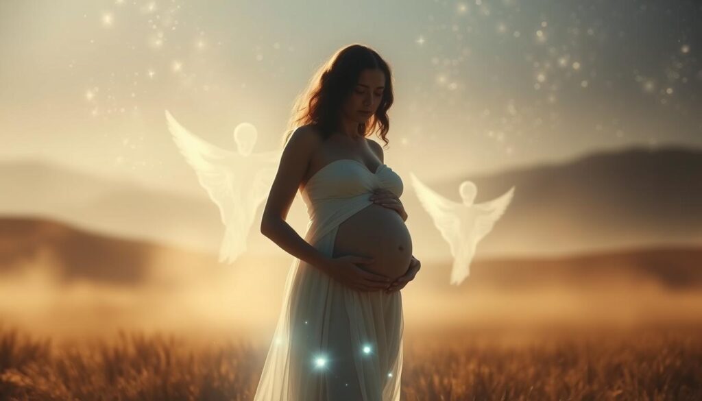 A serene, ethereal landscape with a glowing, pregnant figure in the foreground, radiating a soft, spiritual light. In the middle ground, wispy, translucent spirits or dream-like entities emerge, conveying a sense of intuitive connection. The background features a hazy, celestial sky with shimmering stars, creating an atmosphere of profound introspection and mystical insight. Gentle, warm lighting illuminates the scene, evoking a sense of tranquility and inner contemplation. Captured through a lens with a shallow depth of field, emphasizing the central figure and the otherworldly, visionary quality of the imagery.