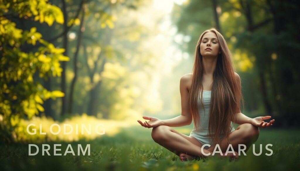 A serene, ethereal landscape with a woman sitting cross-legged, her long, flowing hair cascading down her back. The background features a lush, verdant forest with sunlight filtering through the canopy, casting a warm, golden glow. In the foreground, the woman appears to be in a meditative state, her eyes closed and her expression peaceful, as if she is deeply connected to the natural world around her. The scene conveys a sense of spiritual awakening, growth, and the journey of self-discovery, reflecting the themes of the "Decoding Hair Growth Dream Scenarios" section.