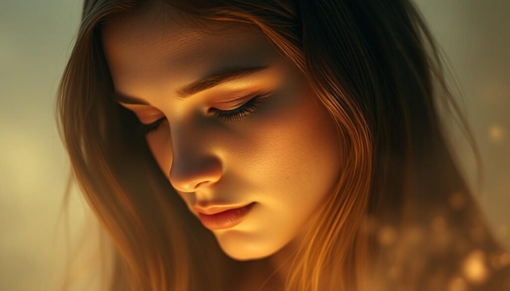 A serene, ethereal portrait of a woman in deep contemplation. Her long, flowing hair cascades around her face, shimmering with an otherworldly glow. The lighting is soft and diffused, creating a dreamlike, spiritual atmosphere. The background is a mist of shifting, translucent hues, evoking a sense of transformation and introspection. The woman's expression is serene, her eyes closed as if experiencing a profound inner awakening. Subtle energy lines radiate from her head, symbolizing the expansion of her consciousness and the growth of her spiritual power.