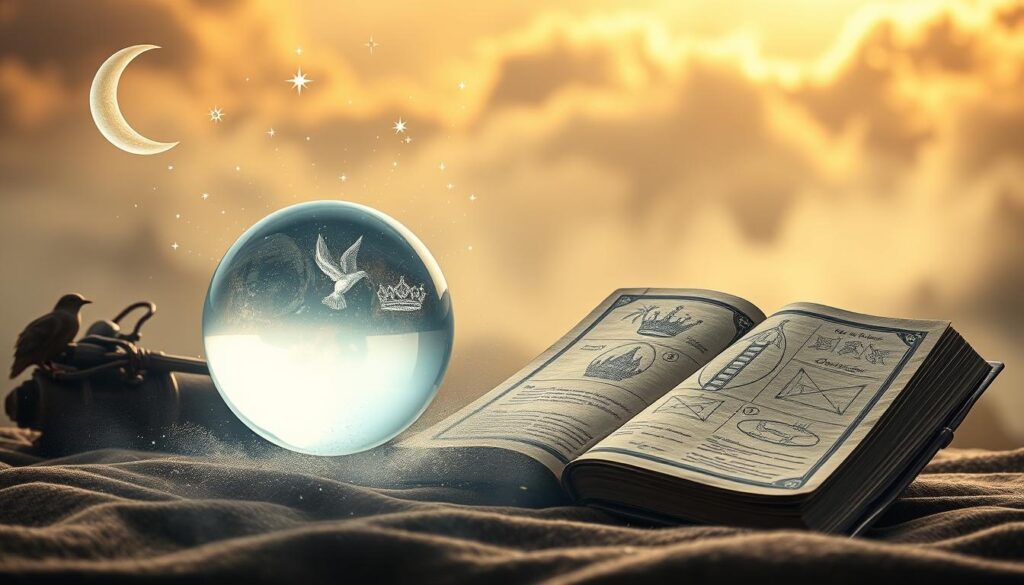 A serene, ethereal scene depicting biblical dream interpretation symbols. In the foreground, a glowing crystal ball floats, surrounded by mystical celestial imagery - crescent moons, stars, and shimmering celestial dust. In the middle ground, ancient, leather-bound tomes open to reveal intricate, hand-drawn symbols and diagrams representing biblical dream archetypes - a crown, a ladder, a pair of doves. The background is a hazy, ethereal landscape, with a warm, golden light filtering through wispy clouds, creating a sense of divine revelation. The overall mood is one of contemplation, spiritual insight, and the exploration of the divine language of dreams.