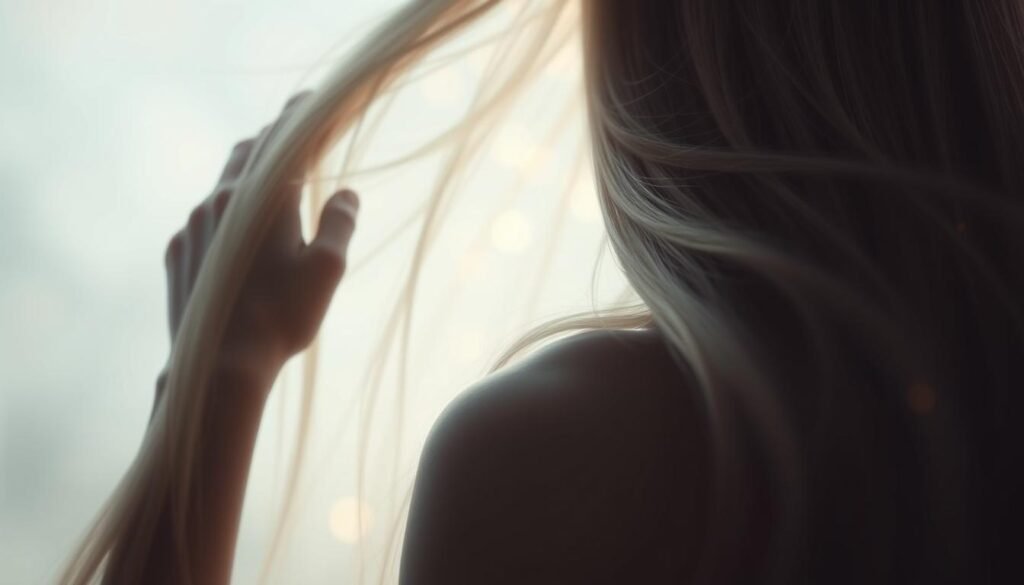 A serene, ethereal scene depicting the connection between hair and psychic abilities. In the foreground, a close-up of a person's head, their long, flowing locks cascading around them, shimmering with an otherworldly glow. The middle ground reveals a soft, hazy background, with wisps of energy or aura radiating from the figure's head, suggesting the activation of their psychic senses. The lighting is soft and diffused, creating a dreamlike, mystical atmosphere. Camera angle is slightly elevated, giving a sense of spiritual transcendence. The overall mood is one of introspection, intuition, and the unlocking of hidden potential.
