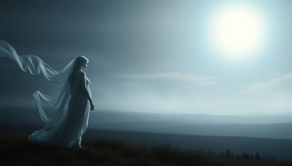 A serene, ethereal scene depicting the spiritual meaning of a miscarriage dream. In the foreground, a ghostly, ethereal figure emerges from a wisp of translucent mist, representing the lost potential of the unborn child. The mid-ground features a serene, moonlit landscape, with soft, muted colors and a sense of quiet contemplation. In the background, a glowing, celestial portal opens, symbolizing the transition to a higher plane of existence. The lighting is soft and gentle, creating a mood of introspection and healing. The overall composition conveys a sense of loss, but also of spiritual growth and transformation.