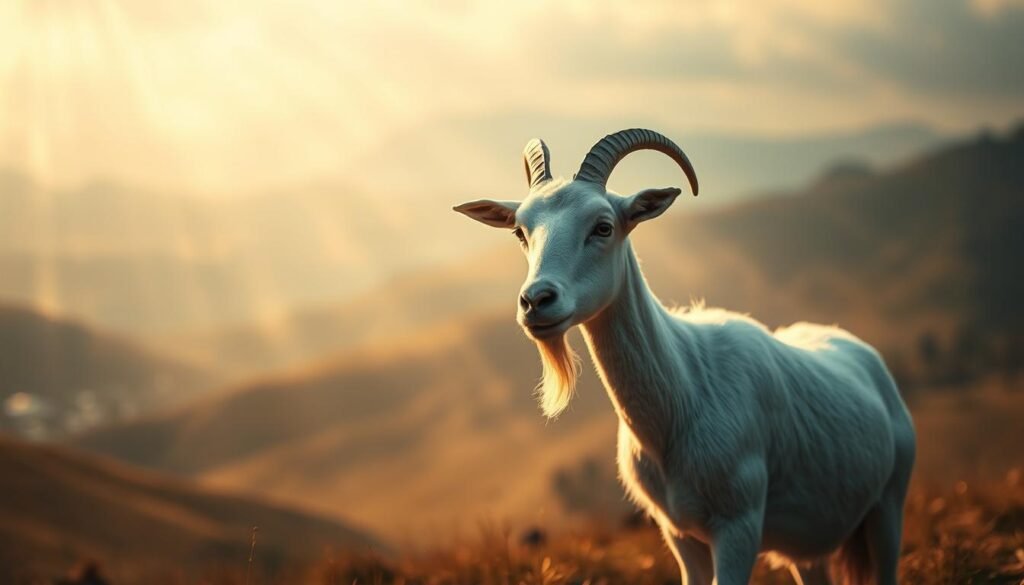 A serene, ethereal scene depicting the spiritual significance of a white goat. In the foreground, a majestic white goat stands gracefully, its penetrating gaze conveying a sense of otherworldly wisdom. Rays of warm, golden light bathe the goat, creating an aura of divine radiance. In the middle ground, a misty, dreamlike landscape unfolds, with rolling hills and a distant horizon blurred by a hazy, atmospheric haze. The background is filled with swirling, translucent wisps of energy, suggesting a connection to the spiritual realm. The overall mood is one of tranquility, introspection, and a profound sense of the mystical. Captured with a shallow depth of field, cinematic lighting, and a slightly tilted camera angle to heighten the sense of symbolic significance.