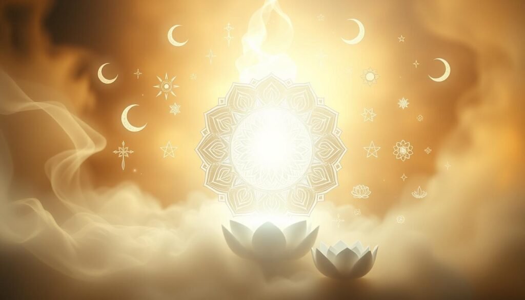 A serene, ethereal scene depicting the symbolism of spiritual cleansing. In the foreground, a glowing white light emanates from a central figure, emanating purity and divine energy. Surrounding this central focal point, intricate mandala patterns and wisps of smoke swirl, representing the cleansing of the soul. In the middle ground, mystical symbols such as crescent moons, stars, and lotus flowers float weightlessly, imbued with sacred meaning. The background is shrouded in a soft, hazy glow, creating a sense of tranquility and otherworldliness. Warm, pastel tones with hints of gold and silver predominate, conveying a sense of the sacred and the celestial. The overall composition is balanced and harmonious, reflecting the transformative power of spiritual purification.