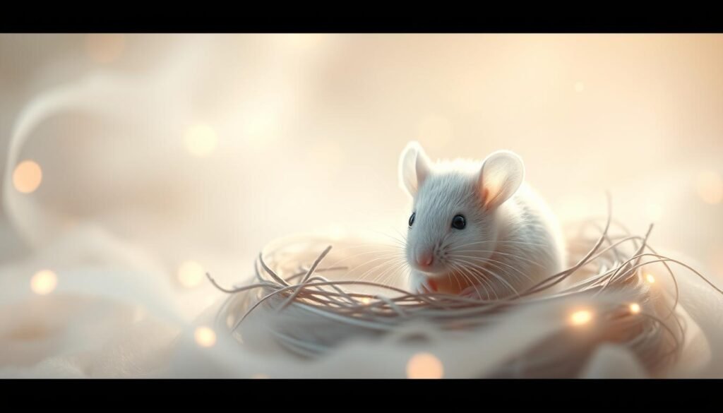 A serene, ethereal scene of a white mouse nestled amidst glowing, ethereal wisps. The mouse is depicted in soft, gentle lighting, its fur gleaming with a luminous quality. The background features a hazy, dreamlike landscape with hints of pastel colors and swirling mist, evoking a sense of tranquility and new beginnings. The composition emphasizes the mouse's delicate yet profound presence, symbolizing purity, intuition, and the potential for spiritual growth. The overall atmosphere is one of calm introspection and the promise of transformative insights.