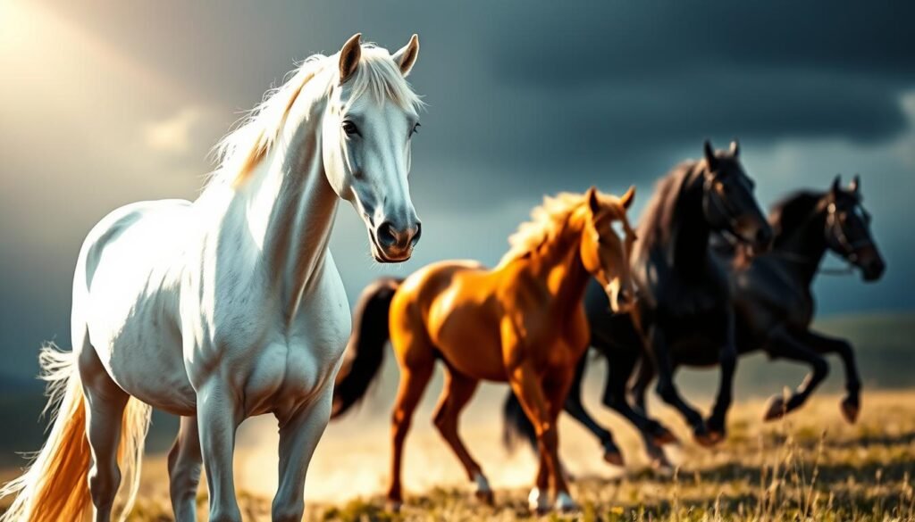 A serene, ethereal scene of biblical horse colors symbolism. In the foreground, a majestic white horse stands proud, its coat glistening with a divine luminescence, symbolizing purity, holiness, and the triumph of good over evil. In the middle ground, a chestnut horse trots gracefully, its warm hues evoking strength, endurance, and the steadfastness of faith. In the background, a pair of jet-black horses gallop, their ominous presence representing death, judgment, and the foreboding of apocalyptic times. Soft, heavenly light bathes the scene, creating a sense of timeless, sacred wonder. Captured with a wide-angle lens, the composition emphasizes the symbolic significance of each horse color within the biblical context.