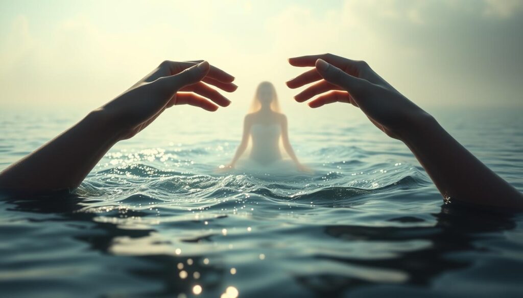 A serene, ethereal scene of prophetic dreams. In the foreground, a woman's hands part shimmering waters, symbolizing the breaking of the amniotic sac - a divine omen of new life and spiritual awakening. The middle ground depicts a glowing, translucent figure emerging from the waters, their form shifting and blurring, representing the mysterious nature of prophetic visions. The background is a hazy, dreamlike landscape, bathed in a soft, celestial light, evoking a sense of the transcendent and the divine. Subtle ripples in the water create a sense of movement and anticipation, heightening the symbolism of this powerful, transformative moment.