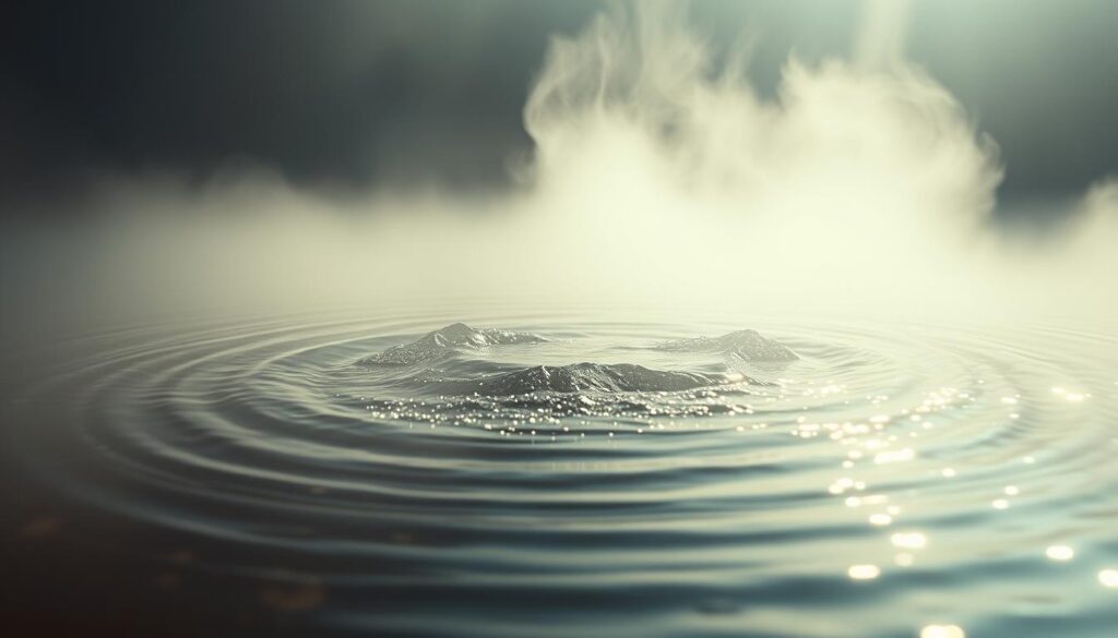 A serene, ethereal scene of water breaking - a baptismal pool of sorts, with gentle ripples and shimmering light. Mist or soft clouds surround the pool, creating an atmosphere of tranquility and spiritual rebirth. The water's surface reflects the sky above, blurring the line between heaven and earth. Soft, diffused lighting bathes the scene, evoking a sense of divine presence. The composition draws the viewer's gaze inward, encouraging contemplation of the symbolic meaning behind this dreamlike imagery. Muted, earthy tones predominate, conveying a sense of grounded, natural spirituality.