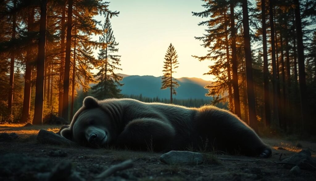 A serene forest clearing at dusk, with a large, majestic brown bear resting peacefully in the center. Shafts of golden light filter through the canopy, casting a warm, dreamlike glow over the scene. The bear's eyes are closed, its chest rising and falling gently, as if lost in a deep, restorative slumber. In the background, distant mountains and a starry sky hint at the bear's connection to the natural world and its primal instincts. The overall atmosphere is one of tranquility and introspection, inviting the viewer to contemplate the symbolic significance of the bear's dream-like state.