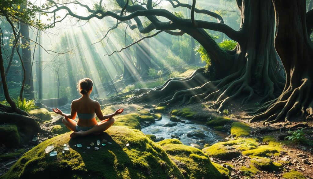 A serene forest glade bathed in soft, diffused sunlight filtering through the canopy above. In the foreground, a person sits cross-legged on a moss-covered rock, their palms upturned in a meditative pose. Crystals and herbs surround them, casting gentle shadows. In the middle ground, a small stream flows peacefully, its surface like a mirror reflecting the surrounding greenery. The background features ancient, twisted trees with gnarled roots, creating a sense of timelessness and connection to the natural world. The overall atmosphere is one of tranquility, introspection, and spiritual renewal.