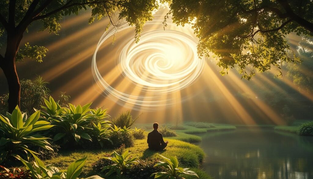 A serene garden encapsulates a journey of personal growth, with swirling vortices of energy representing the transformative power of dreams. In the foreground, a figure meditates amidst lush foliage, absorbing the lessons of the tornado-like forms that dance around them. Beams of warm, diffused light filter through the canopy, casting a soft, contemplative glow. The background features a tranquil pond, its surface mirroring the ethereal patterns above, symbolizing the balance between chaos and clarity. The overall scene evokes a sense of introspection, guiding the viewer towards harnessing the potential of their subconscious visions.