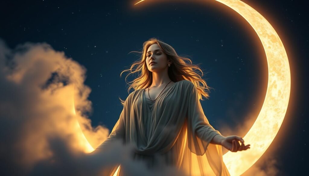 A serene goddess figure emerges from a luminous, crescent moon, her flowing robes and gentle expression radiating a divine feminine energy. Wisps of mystical mist swirl around her, creating an ethereal, dreamlike atmosphere. The background is a deep indigo sky speckled with twinkling stars, evoking a sense of cosmic connection. Soft, warm lighting bathes the scene, casting a soothing, meditative glow. The overall composition is balanced and harmonious, inviting the viewer to bask in the goddess's lunar magic and uncover the emotional truths hidden within their own moon-kissed dreams.