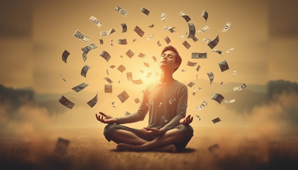 A serene, introspective scene of a person's subconscious grappling with the psychology of money dreams. In the foreground, a person sits cross-legged, eyes closed, deep in meditation. Surrounding them, a swirl of banknotes in various denominations float and drift, suggesting the flow of thoughts and emotions tied to wealth and abundance. The background is a soft, ethereal landscape, with muted tones and hazy, dreamlike qualities, evoking the unconscious realm. Warm, natural lighting casts a contemplative glow, underscoring the introspective nature of the visualization. The composition conveys a sense of balance, exploring the complex interplay between the conscious and subconscious mind when it comes to the psychology of money dreams.