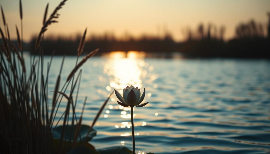 A serene lake at dusk, its glimmering surface reflecting the silhouettes of swaying reeds. In the foreground, a single lotus flower blossoms, its petals unfurling amidst the tranquil waters. The background is softly illuminated by a warm, golden light, casting a dreamlike hue over the scene. The overall atmosphere conveys a sense of transformation and rebirth, symbolizing the connection between water and the ebb and flow of life changes. Captured with a wide-angle lens and a shallow depth of field, the composition draws the viewer's eye to the central lotus, a metaphor for personal growth and renewal.