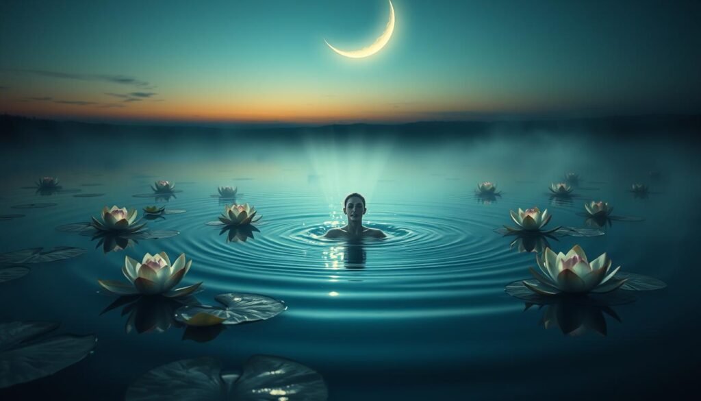 A serene lake at dusk, its still waters reflecting the ethereal glow of a crescent moon. Lotus blossoms float peacefully on the surface, their petals unfurling to reveal a shimmering energy within. Wisps of mist drift through the air, creating an atmospheric, dreamlike quality. In the center of the lake, a figure emerges, their body submerged yet their face tranquil, as if undergoing a profound spiritual transformation. Gentle rays of light permeate the water, illuminating the moment of rebirth and renewal. The overall scene evokes a sense of profound inner peace, a journey of the soul through the cleansing and rejuvenating power of water.