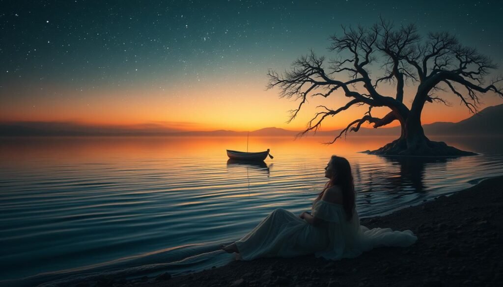 A serene lake at twilight, its surface mirroring the starry sky above. In the foreground, a woman reclines on the shore, her gaze transfixed by the rippling water. Ethereal tendrils of mist curl around her, evoking a sense of dreamlike tranquility. The middle ground features a small boat, its gentle rocking reflecting the ebb and flow of the tides - a metaphor for the subconscious. In the distance, an ancient, gnarled tree stands sentinel, its branches reaching towards the heavens, connecting the tangible and the ethereal. Soft, warm lighting illuminates the scene, lending it an air of mysticism and inner contemplation. This image embodies the symbolic power of water in dreams - a gateway to the unconscious, a mirror of the soul.