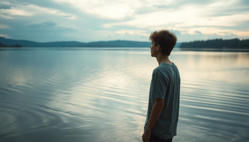 A serene lake reflecting the changing skies above, as a young person stands at the water's edge, gazing out with contemplative eyes. The foreground features the transitional figure, lost in thought, while the background showcases dreamlike patterns rippling across the lake's surface, mirroring the emotional shifts of different life phases. Soft, diffused lighting bathes the scene in a contemplative atmosphere, inviting the viewer to pause and reflect on the ebb and flow of personal growth. The composition is balanced, with the lake and sky occupying the middle and background, gently guiding the eye towards the central figure. An intimate, introspective moment captured in a timeless, painterly style.