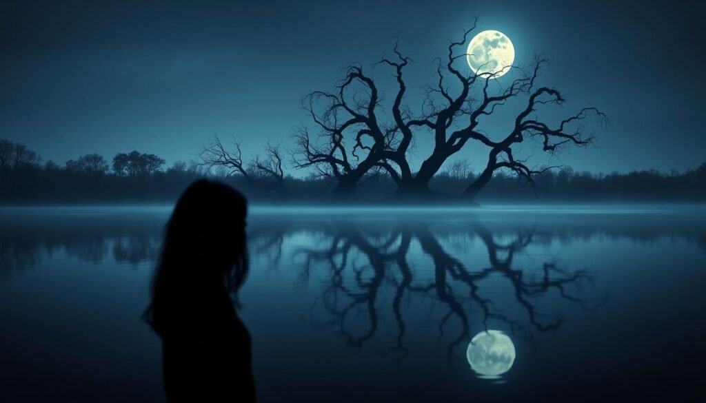 A serene lake reflects the silhouette of a person, their face obscured in shadow. The surface shimmers with the delicate dance of moonlight, casting a dreamlike quality. In the distance, a tangled forest looms, its twisted branches reaching skyward like fingers clawing at the night. The atmosphere is one of introspection and unease, hinting at the internal struggles and life challenges that lie beneath the surface. A sense of duality pervades the scene, blurring the line between reality and the subconscious. The image evokes a contemplative mood, inviting the viewer to explore the hidden depths of the mind and the complex nature of human experience.