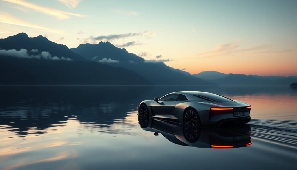 A serene lake reflects the silhouettes of towering mountains, their peaks kissed by wispy clouds. In the foreground, a sleek, shimmering car gently glides across the tranquil surface, its headlights casting a soft glow in the dusky twilight. The vehicle's elegant curves are mirrored in the still waters, creating a dreamlike, almost magical scene. Soft, warm lighting bathes the tableau, infusing it with a sense of tranquility and wonder. The car's journey into the aquatic realm evokes a sense of exploration and the unknown, inviting the viewer to ponder the significance of this enigmatic encounter between machine and nature.