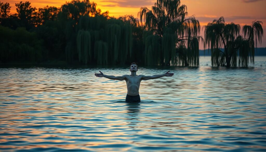 A serene lakeside scene at dusk, with the water's surface reflecting the vibrant hues of the setting sun. In the foreground, a lone figure stands waist-deep in the gently rippling water, arms outstretched, eyes closed, a sense of tranquility and transformation emanating from their posture. The middle ground features lush, verdant foliage and weeping willows, their branches cascading into the water, creating a sense of fluidity and connection. In the background, the horizon is bathed in a warm, golden glow, hinting at the transformative nature of the dream experience. Soft, diffused lighting illuminates the scene, lending a dreamlike, ethereal quality to the overall composition.