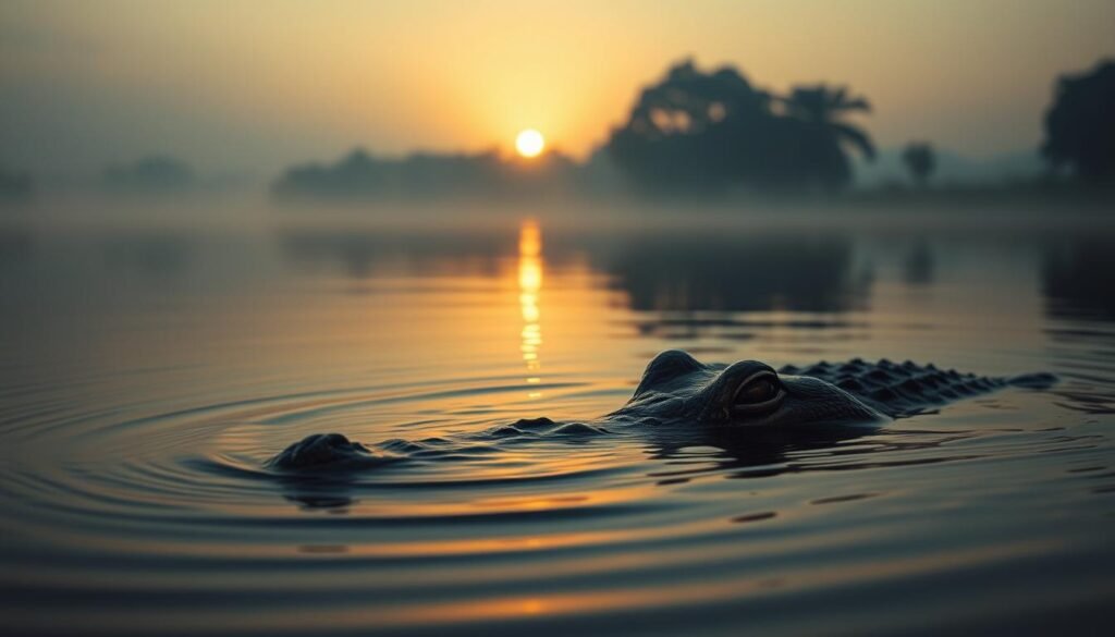 A serene lakeside setting at dusk, the water reflecting the last rays of the sun. In the foreground, a crocodile emerges from the depths, its eyes gleaming with a pensive, almost melancholic expression. Ripples spread across the surface, creating a dreamlike, ethereal atmosphere. The crocodile's body is partially obscured by the water, blending the real and the imagined. The background is hazy, with mist-shrouded trees and a warm, golden glow on the horizon, suggesting a sense of emotional depth and introspection. The overall composition evokes a sense of wonder, mystery, and the profound emotional resonance of water-based crocodile dreams.