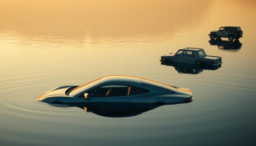 A serene lakeside setting, with various car models submerged in the calm, reflective waters. In the foreground, a sleek sports car is partially submerged, its elegant lines still visible above the surface. In the middle ground, a family sedan rests peacefully, its tires barely touching the water's edge. In the background, a rugged off-road vehicle is almost completely submerged, its silhouette barely discernible. The scene is bathed in warm, golden light, creating a dreamlike atmosphere. The water's surface is still, mirroring the cars and the surrounding landscape. This image conveys the deep symbolic meaning of different car types in water-based dreams, reflecting the complex emotions and personal narratives they may represent.