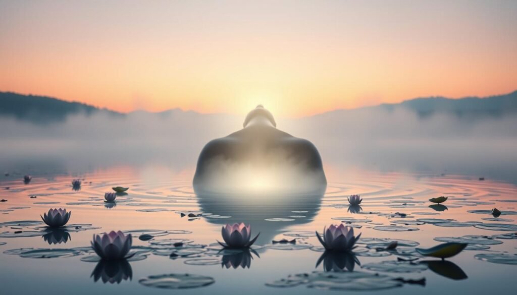 A serene landscape at dawn, with a tranquil lake reflecting the soft, pastel hues of the sky. In the foreground, a figure emerges from the water, their face illuminated by an ethereal, otherworldly glow. The surface of the lake is dotted with lotus flowers, symbolizing spiritual awakening and enlightenment. Mist swirls around the figure, creating a sense of mystery and the mystical. The composition is balanced, with the figure positioned centrally, surrounded by the calming presence of the water and the gentle light of the rising sun. The overall atmosphere conveys a sense of profound inner transformation and spiritual realization.
