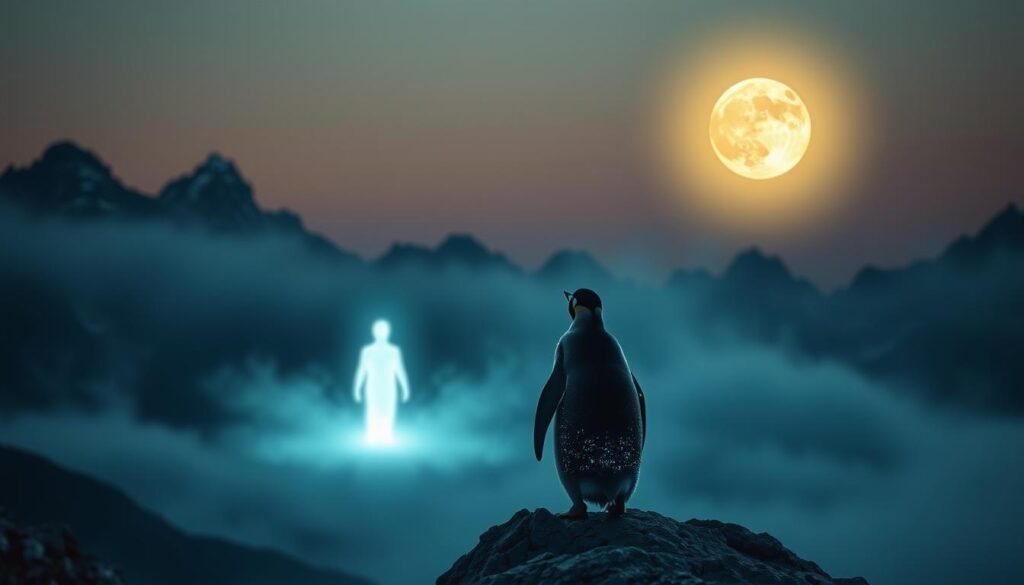 A serene landscape at dusk, where a penguin stands on a rocky outcrop, its gaze fixed upon a shimmering, ethereal figure emerging from the mist. The penguin's feathers glisten with an otherworldly luminescence, as if it is undergoing a spiritual transformation. In the background, a majestic mountain range is shrouded in a dreamlike haze, while a glowing full moon casts a soft, mystical light across the scene. The overall atmosphere is one of introspection, contemplation, and a sense of the penguin's journey towards deeper self-discovery and enlightenment.