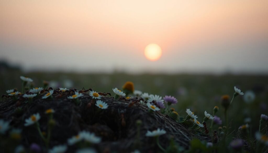 A serene landscape at dusk, with a colony of industrious ants traversing a field of blooming wildflowers. In the foreground, a group of ants collectively tending to their intricate underground nest, showcasing their remarkable community-driven work ethic. In the middleground, a lone ant pauses, seemingly lost in contemplation, hinting at the depth of their collective consciousness. The background gently fades into a softly lit evening sky, creating a dreamlike, contemplative atmosphere. Muted tones and a soft depth of field emphasize the tranquility and interconnectedness of the ant community's collective dreams and aspirations.