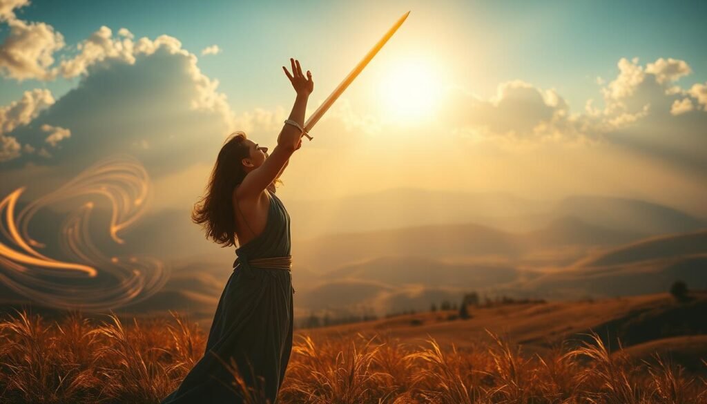 A serene landscape bathed in warm, golden light. In the foreground, a majestic figure, radiating power and grace, raises a glowing sword skyward, signifying a hard-won spiritual triumph. Their expression is one of determination and inner peace, having overcome a great challenge. The middle ground features swirling, ethereal energy, hinting at the divine forces at play. In the distance, a breathtaking vista of rolling hills and a heavenly, cloud-dappled sky, conveying a sense of transcendence and cosmic connection. Cinematic camera angle, high-key lighting, and a color palette of rich, vibrant hues create an awe-inspiring, almost otherworldly scene.
