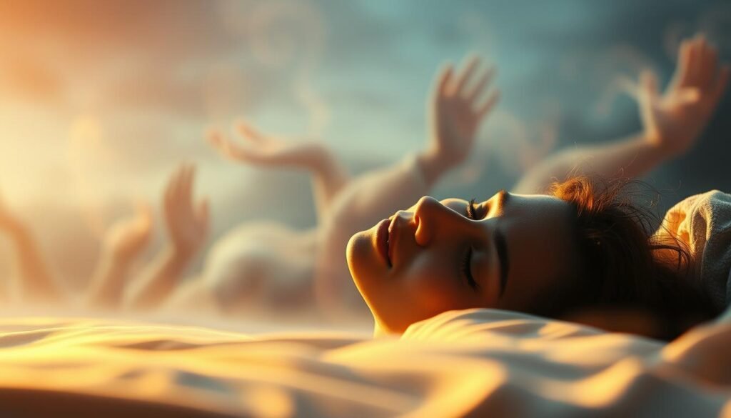 A serene landscape of a dreamscape, with soft, ethereal lighting casting a warm glow over the scene. In the foreground, a figure lies peacefully, their face expressing a sense of calm and tranquility as they process their emotions and heal from the past. Wispy tendrils of energy emanate from the figure, representing the flow of subconscious thoughts and feelings. In the middle ground, a mystical, abstract landscape unfolds, with swirling, colorful shapes and forms that suggest the workings of the subconscious mind. The background is hazy and out of focus, conveying a sense of introspection and the detachment from the waking world. The overall atmosphere is one of contemplation, introspection, and emotional restoration.