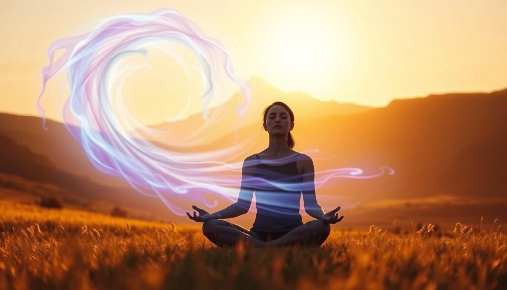 A serene landscape unfolds, bathed in warm, golden light. In the foreground, a figure sits in a meditative pose, eyes closed, hands resting gently on their lap. Around them, a swirling vortex of energy emanates, swirling with hues of blue, purple, and white, symbolizing the journey towards inner freedom. In the middle distance, a majestic mountain range rises, its peaks piercing the sky, a metaphor for the spiritual heights to be reached. The background is suffused with a soft, ethereal glow, creating a sense of tranquility and connection to the divine. The entire scene is imbued with a sense of profound introspection and the transcendence of earthly concerns, inviting the viewer to embark on their own spiritual exploration.
