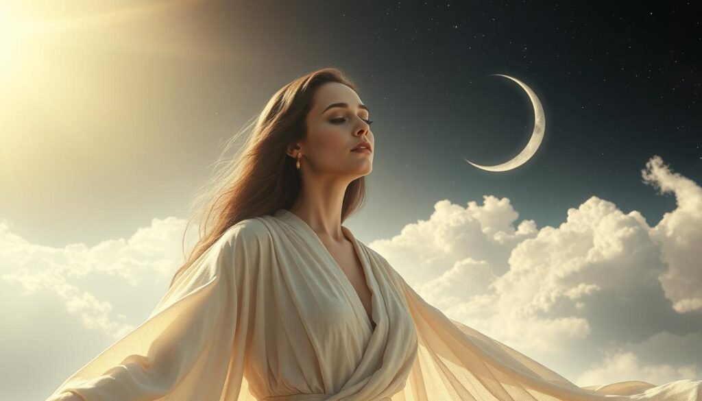 A serene lunar landscape bathed in a soft, ethereal glow. In the foreground, a divine feminine figure emerges, clad in shimmering robes that billow and flow with the gentle breeze. Her expression is one of deep contemplation, her eyes closed as she communes with the celestial energies. Cascading waves of moonlight illuminate her features, casting a halo-like effect. In the middle ground, wispy clouds drift across a star-studded sky, their shapes echoing the curves of the female form. In the distance, a crescent moon hangs suspended, its luminous presence infusing the scene with a sense of mystical wonder. The overall atmosphere is one of tranquility, introspection, and the profound connection between the divine feminine and the cycles of the lunar realm.