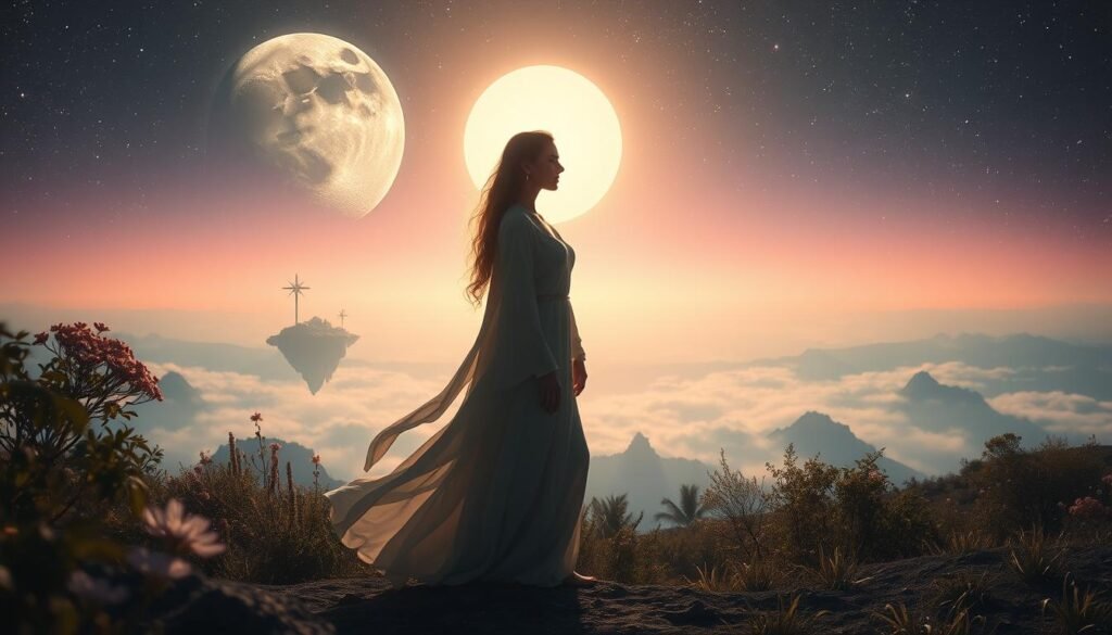 A serene lunar landscape, bathed in soft, ethereal moonlight. In the foreground, a figure of the divine feminine, radiating creative energy and inspiration. Her graceful pose and flowing robes evoke a sense of tranquility and inner reflection. The middle ground features a dreamlike, surreal landscape with floating, luminous islands and cosmic flora. In the background, a starry sky blends seamlessly with the distant horizon, creating a sense of boundless imagination and limitless potential. The overall composition conveys a harmonious balance between the earthly and the ethereal, inviting the viewer to explore the depths of their own emotional cycles and creative expression.