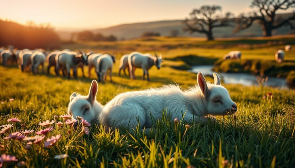 A serene meadow at dawn, bathed in soft golden light. In the foreground, a newborn baby goat sleeps peacefully, its fluffy white coat gently rising and falling with each breath. Surrounding the sleeping kid are delicate wildflowers in shades of pink, purple, and yellow, their petals glistening with morning dew. In the middle ground, a herd of adult goats graze contentedly, their horns casting long shadows on the lush, verdant grass. In the distant background, a rolling hillside dotted with ancient oak trees and a tranquil stream, reflecting the azure sky above. An aura of tranquility and innocence pervades the scene, evoking the pure, dreamlike essence of a baby goat's slumber.