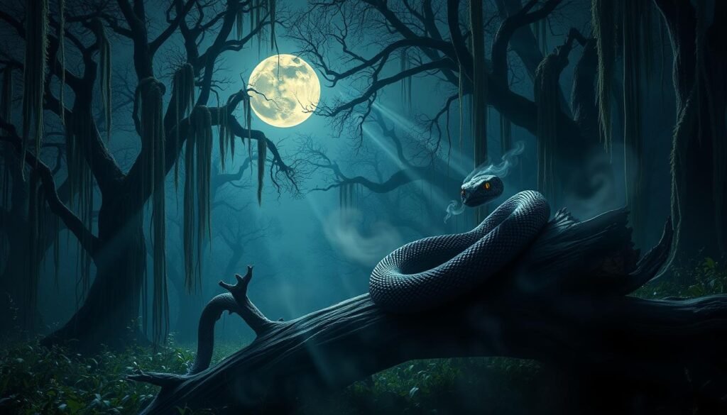 A serene midnight landscape with a vibrant full moon casting a glow across a mystical forest. In the foreground, a large black snake coiled upon a fallen tree, its eyes shimmering with otherworldly energy. Tendrils of mist swirl around the serpent, as if it is attuned to the spiritual realm. The background is filled with ancient trees draped in trailing vines, creating an atmosphere of profound contemplation. Soft beams of moonlight filter through the canopy, imbuing the scene with a sense of ethereal wonder and the promise of transformation.