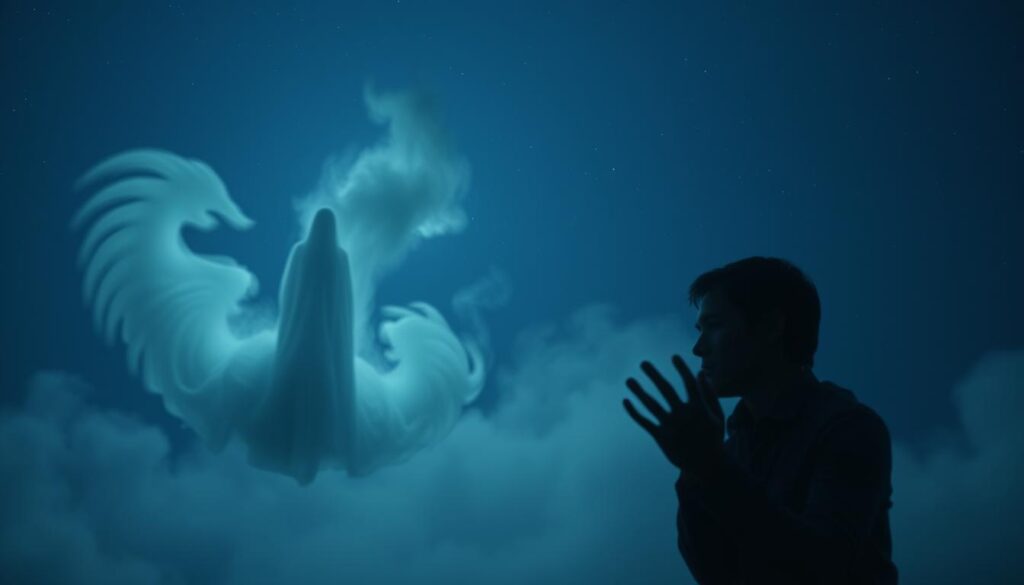 A serene, moonlit dreamscape. In the foreground, a solitary figure with a pensive expression appears to be reaching out towards a ghostly, translucent presence hovering nearby. The figure's face is softly illuminated, conveying a sense of contemplation and emotional processing. The middle ground is a hazy, ethereal realm, with wisps of mist and faint shadows suggesting a liminal space between the physical and spiritual realms. The background is a vast, starry sky, creating a sense of expansiveness and the infinite nature of the subconscious. The overall atmosphere is one of melancholy, introspection, and the deep, complex emotions surrounding grief and the longing for connection with the departed.