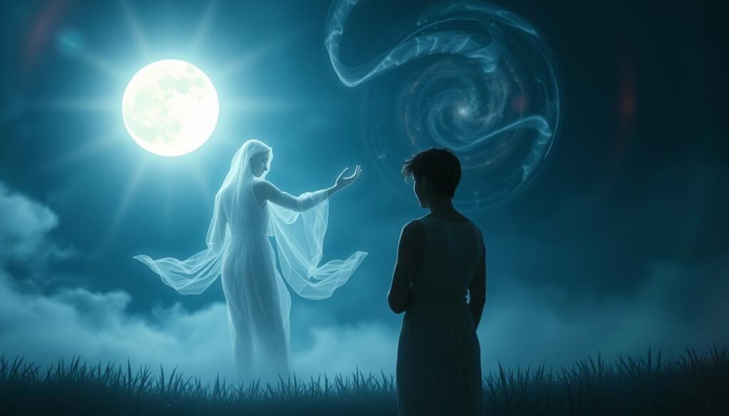 A serene moonlit landscape, where a transparent ghostly figure emerges from wisps of ethereal mist, reaching out to embrace a contemplative, pensive human form. The figures are bathed in a soft, dreamlike glow, conveying a sense of tranquility and the connection between memory and the subconscious. In the background, a swirling vortex of abstract shapes and colors suggests the interplay between the conscious and unconscious realms. Subtle lens flares and a shallow depth of field add to the mystical, cinematic atmosphere. The scene evokes a sense of comfort, closure, and the blending of the physical and spiritual worlds.