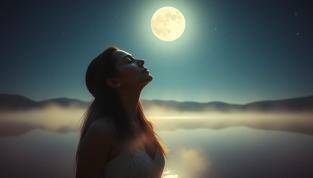 A serene, moonlit landscape with a glowing, full moon overhead casting a soft, ethereal light. In the foreground, a woman stands with her eyes closed, her face lifted towards the sky as she undergoes a profound emotional transformation, her expression one of surrender and deep introspection. Her figure is surrounded by a hazy, ethereal mist, conveying a sense of duality between the physical and the spiritual. In the middle ground, a still lake reflects the moon's luminescence, creating a sense of balance and mirroring the internal journey taking place. The background features rolling hills and a starry night sky, evoking a sense of vastness and the boundless nature of the divine feminine energy. The overall mood is one of tranquility, mysticism, and the beauty of emotional cycles.