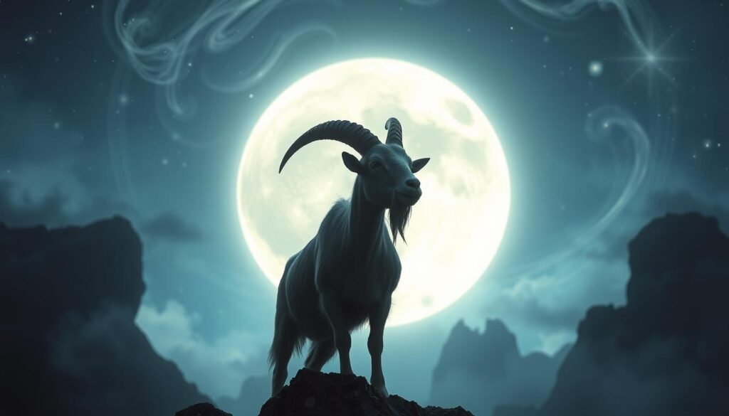 A serene moonlit landscape, with a mystical goat standing atop a rocky outcrop, its silhouette bathed in a soft, ethereal glow. In the background, a swirling celestial backdrop of stars and wisps of ethereal energy, suggesting the deep symbolic connection between the goat and the realms of the subconscious. The goat's eyes are half-closed, as if in a trance, its expression calm and contemplative, inviting the viewer to ponder the hidden meaning and transformative power of this archetypical animal. The scene is captured with a wide-angle lens, creating a sense of vastness and the feeling of being immersed in the dream-like atmosphere.