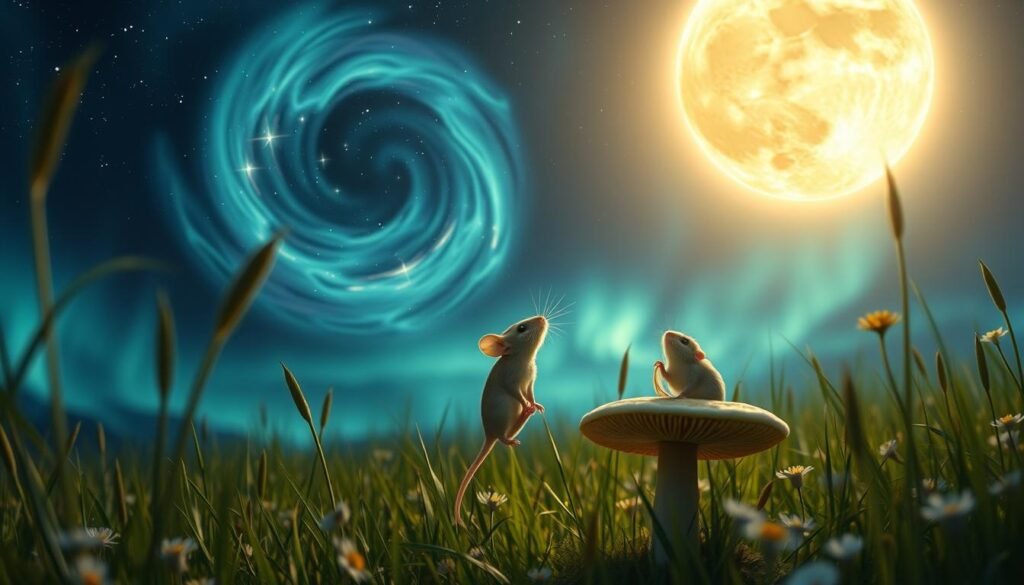 A serene moonlit meadow, a glowing mouse perched on a mushroom, its whiskers twitching as it gazes up at a swirling vortex of cosmic energy. Shimmering auroras dance across the night sky, casting a mystic glow upon the scene. The mouse's eyes shine with an otherworldly wisdom, its small form a conduit for profound spiritual insight. The composition is framed by swaying grasses and delicate wildflowers, creating a sense of balance and tranquility. Soft, diffused lighting illuminates the dream-like atmosphere, inviting the viewer to enter a realm of transcendent mouse-guided enlightenment.